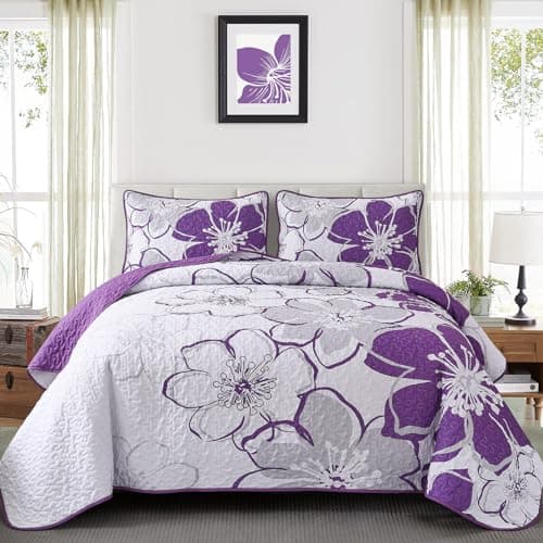 Luxudecor Floral Quilt Set King Size 3 Pieces Purple Flower Bedspread with Pillow Shams Lightweight Soft Microfiber Bed Cover for All Seasons 108"x92"