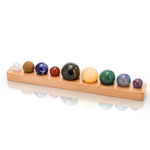 ZENFUN Nine Planets in Solar System with Wooden Stand Natural Gemstones Sphere Solar System Model Kit Planet Marbles Space Themed Bedroom Decor Best Birthday Science Astronomy Gifts