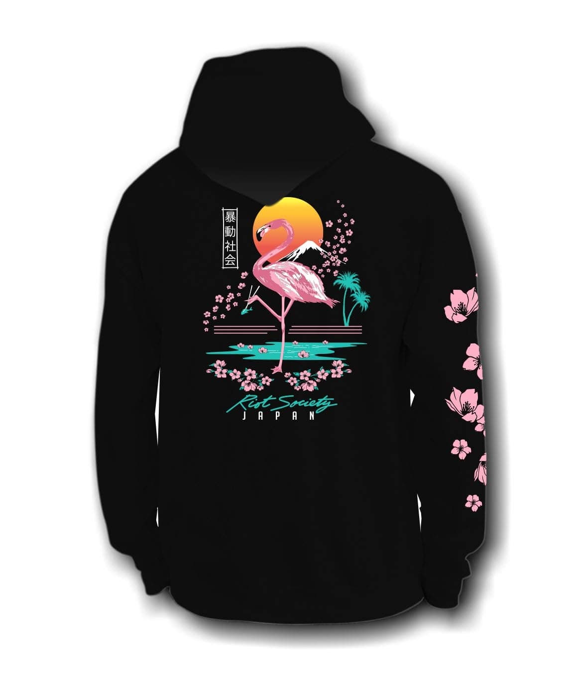 Riot Society Flamingo Blossom Mens Hoodie Hooded Sweatshirt - Black, Medium