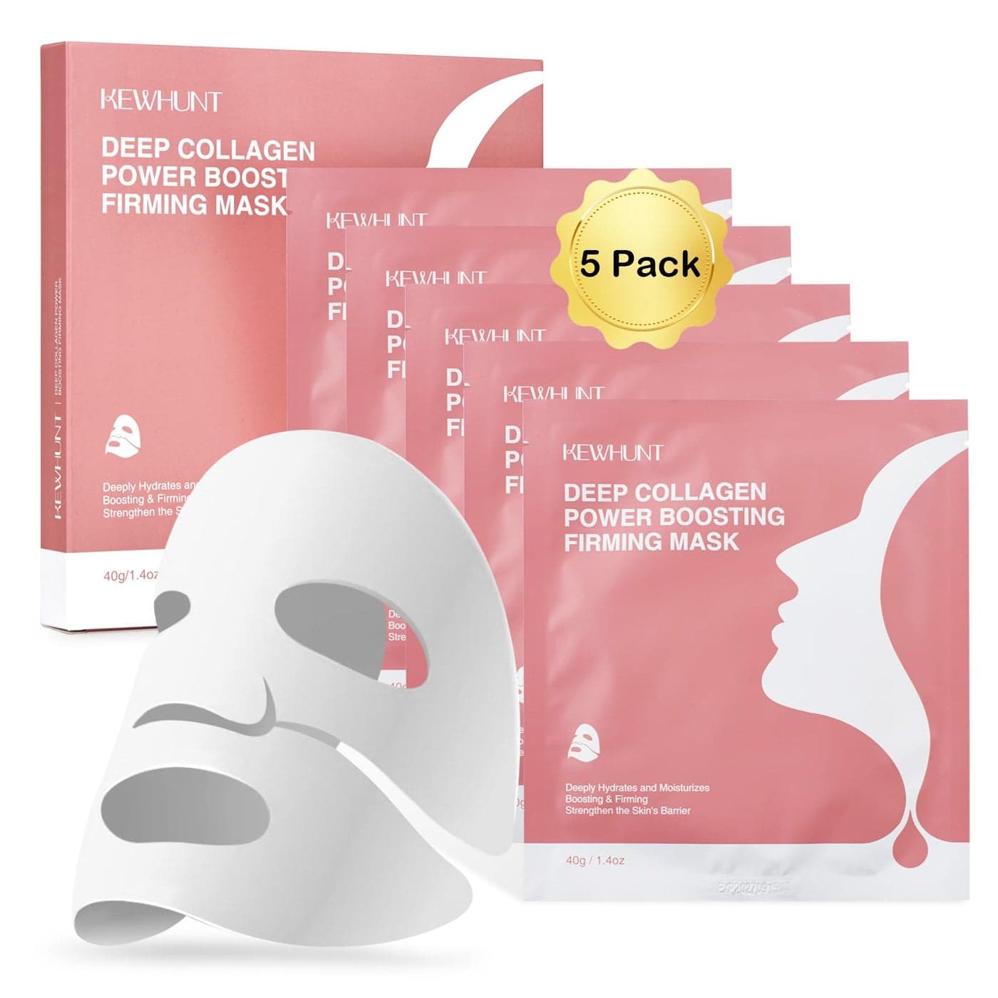 Kewhunt Deep Collagen Face Mask Overnight Bio Collagen Mask Real Deep Mask Hydrating Hydrogel Masks with Low Molecular Collagen for Firming Elasticity Pore Minimizing 40g x 5ea