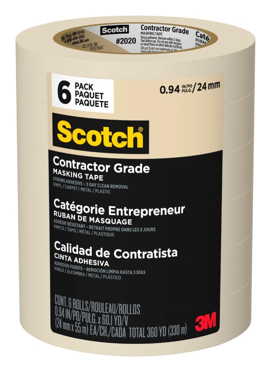 Scotch Contractor Grade Masking Tape, 1 Inch Wide (0.94 in. x 60.1 Yds) 6 Rolls, 3-Day Interior Clean Removal, Removes Easily Without Leaving Sticky Residue, Interior & Exterior Use (2020-24EP6)