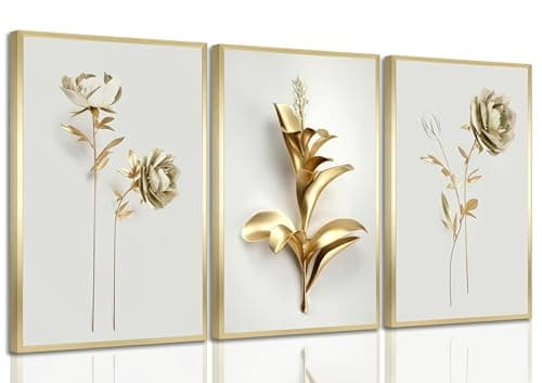DYLGYWI 3Pcs Abstract Golden Flower Poster Wall Art Modern Luxury Minimalism Nordic Floral Plant Painting Picture Wall Decor Print Artwork for Living Room Bedroom Home Decoration Unframed