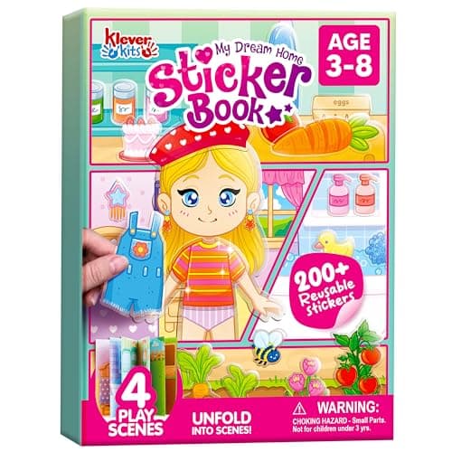 JOVA Klever Kits Reusable Sticker Book for Kids My Dream Home 4 Play Scenes with 200 Washable Stickers Plane Activity for Toddler Aged 3 4 5 6 7 8 Girls and Boys Birthday Gift