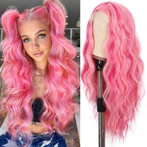 SAPPHIREWIGS Highlight Pink Lace Front Wigs Long Loose Curly Wavy Wig 13×4 Synthetic Lace Front Wigs Glueless Heat Resistant Fiber Natural Hairline Daily Cosplay Halloween Wig 26 Inches