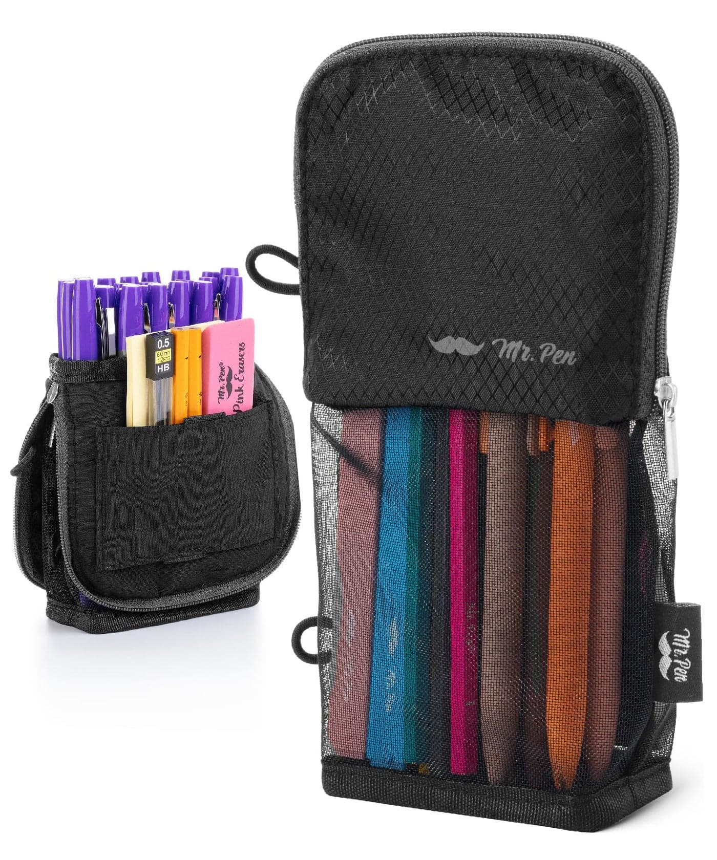 Mr. Pen- Standing Pencil Case Pouch, Sit & Lay Mesh-View Design, Black with Gray Zipper, Interior Pocket & 2 Elastic Binder Loops, Cute Pencil Case for Girls and Boys