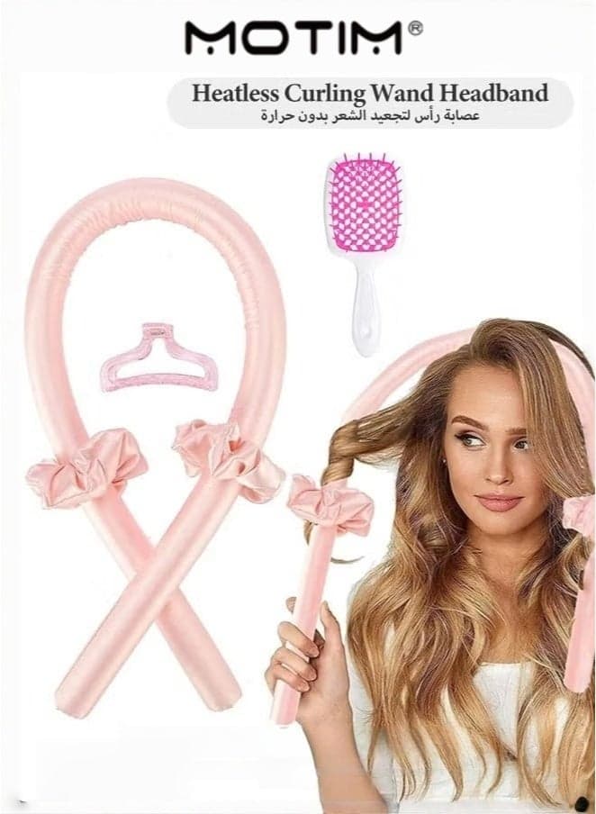 Hair Curling Kit with Free Hollow out Massage Styling Comb Heatless Curling Rod Headband Lazy Hair Curler No Heat Silk Curlers SoftCurling Ribbon and Rods for Natural Wave Hair