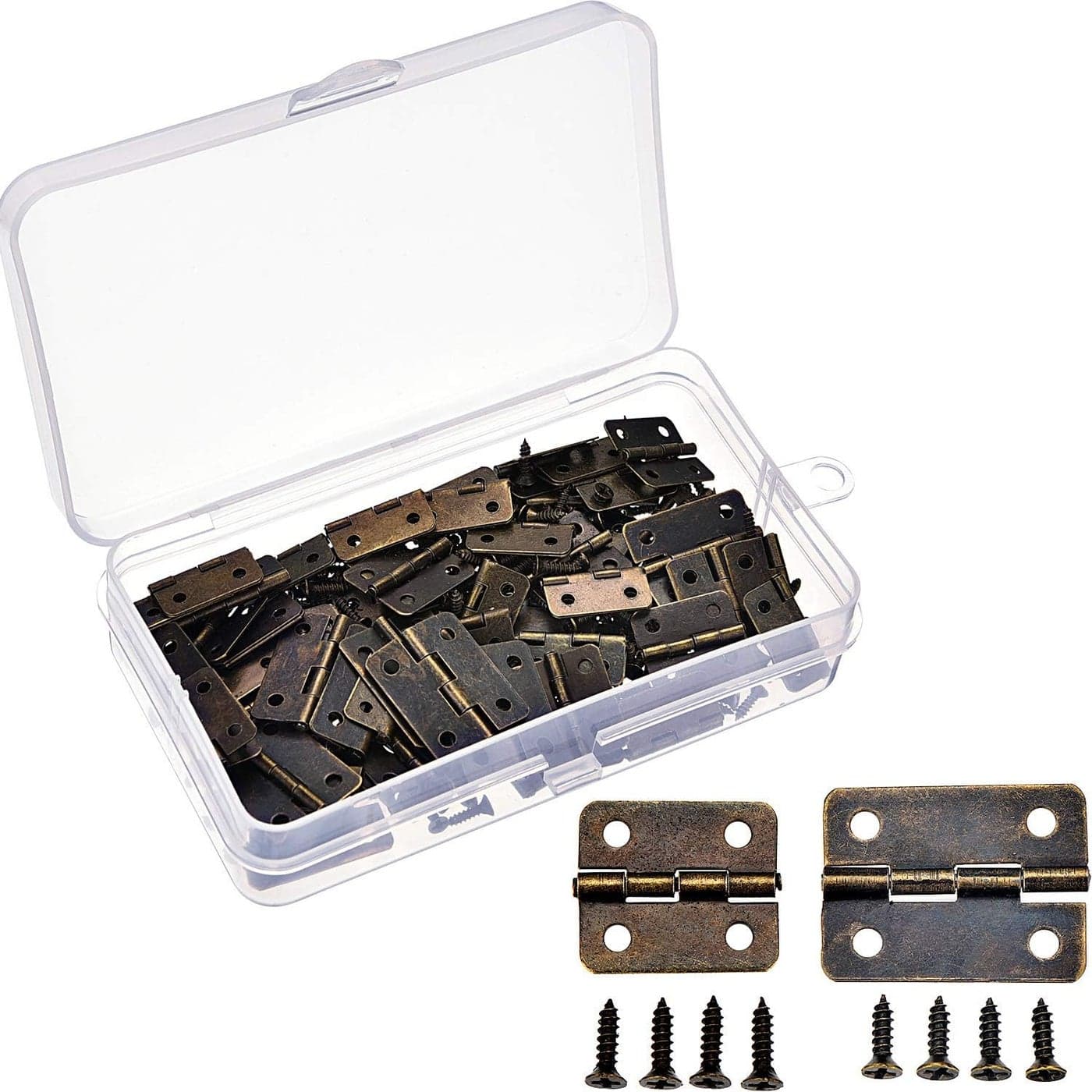 Hicarer 60 Pieces Small Hinges Retro Decorative Mini Hinges and 300 Pieces 7 mm Micro Tiny Screws with Storage Box for Dollhouse Door Cabinet Crafts Wooden Jewelry Box Outdoor Decor 2 Sizes Bronze