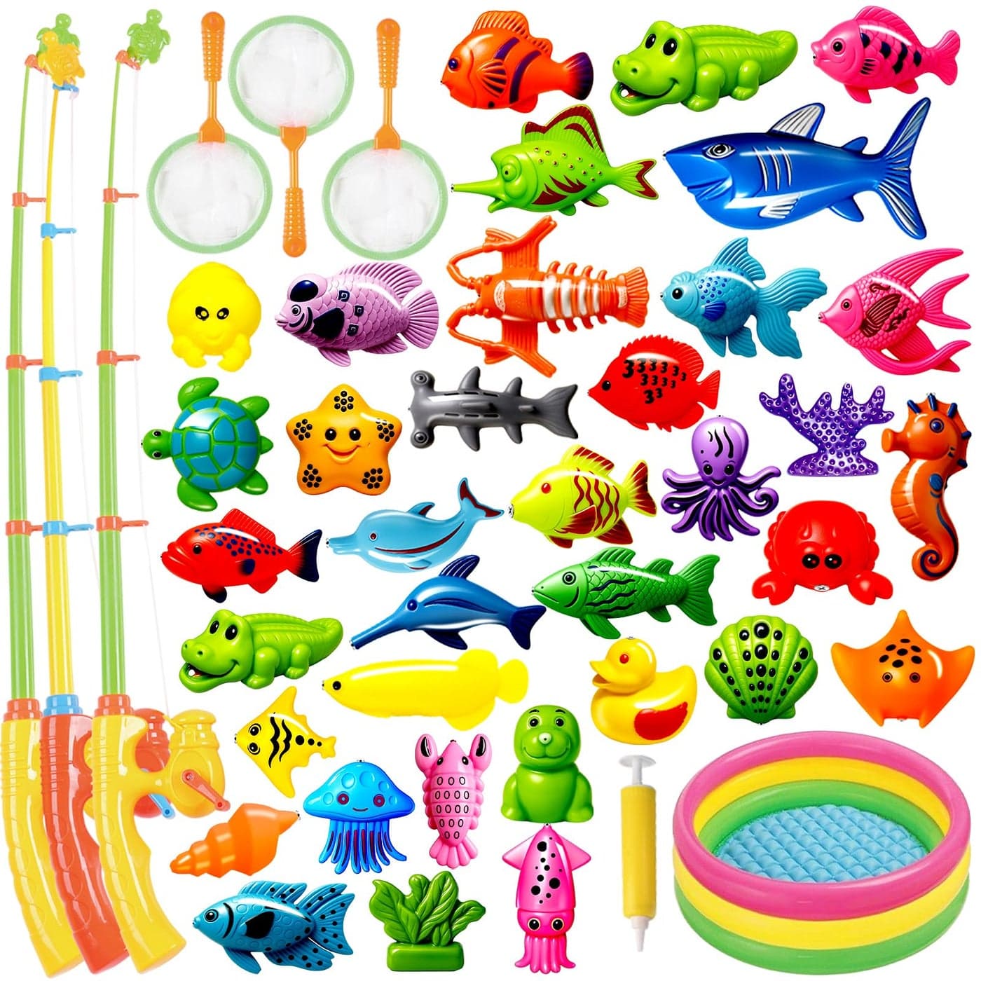 CozyBomB Magnetic Fishing Toys Game Set for Kids Water Table Bathtub Kiddie Pool Party Pole Rod Net Plastic Floating Fish Toddler Color Ocean Sea Animals Birthday Age 3 4 5 6 Year