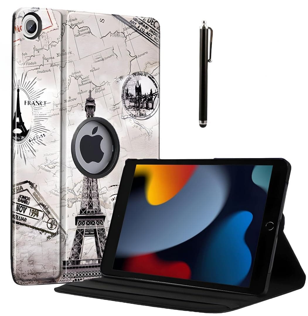 ProElite Cover for Apple iPad 10.2 Case Cover, 360 Rotatable Smart Flip Case Cover for Apple iPad 10.2 inch 9th/8th/7th Generation with Stylus Pen, Eiffel