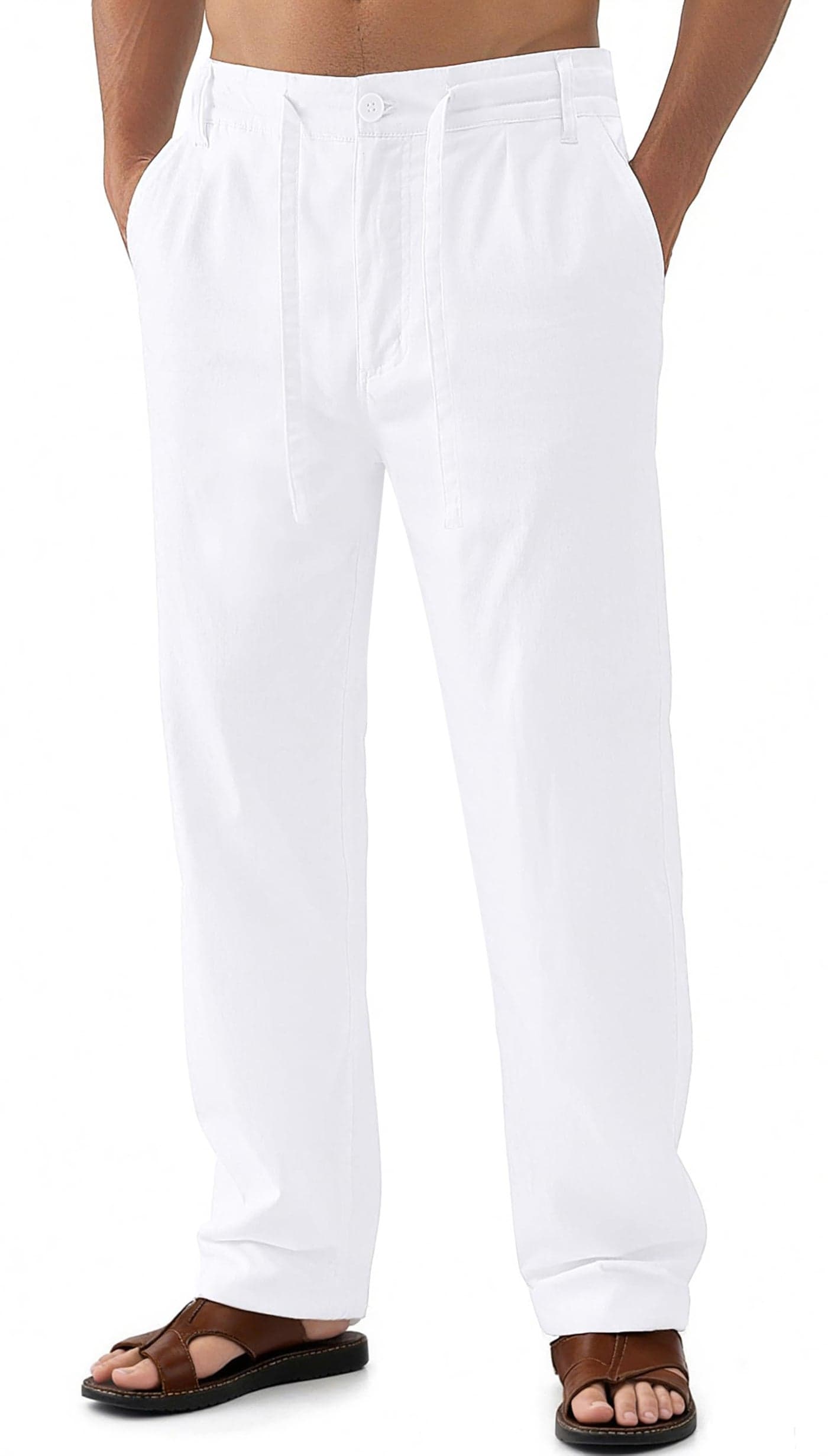 Janmid Men Casual Beach Trousers Linen Summer Pants White S