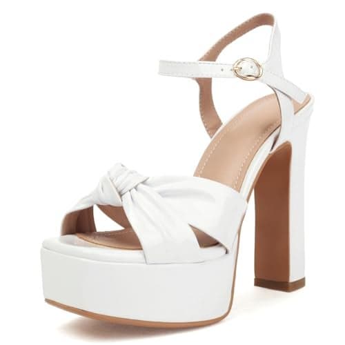 Latasa Women's White Platform Heels High Chunky Block Heels Ankle Strap Open Toe Heeled Sandals (10, White)