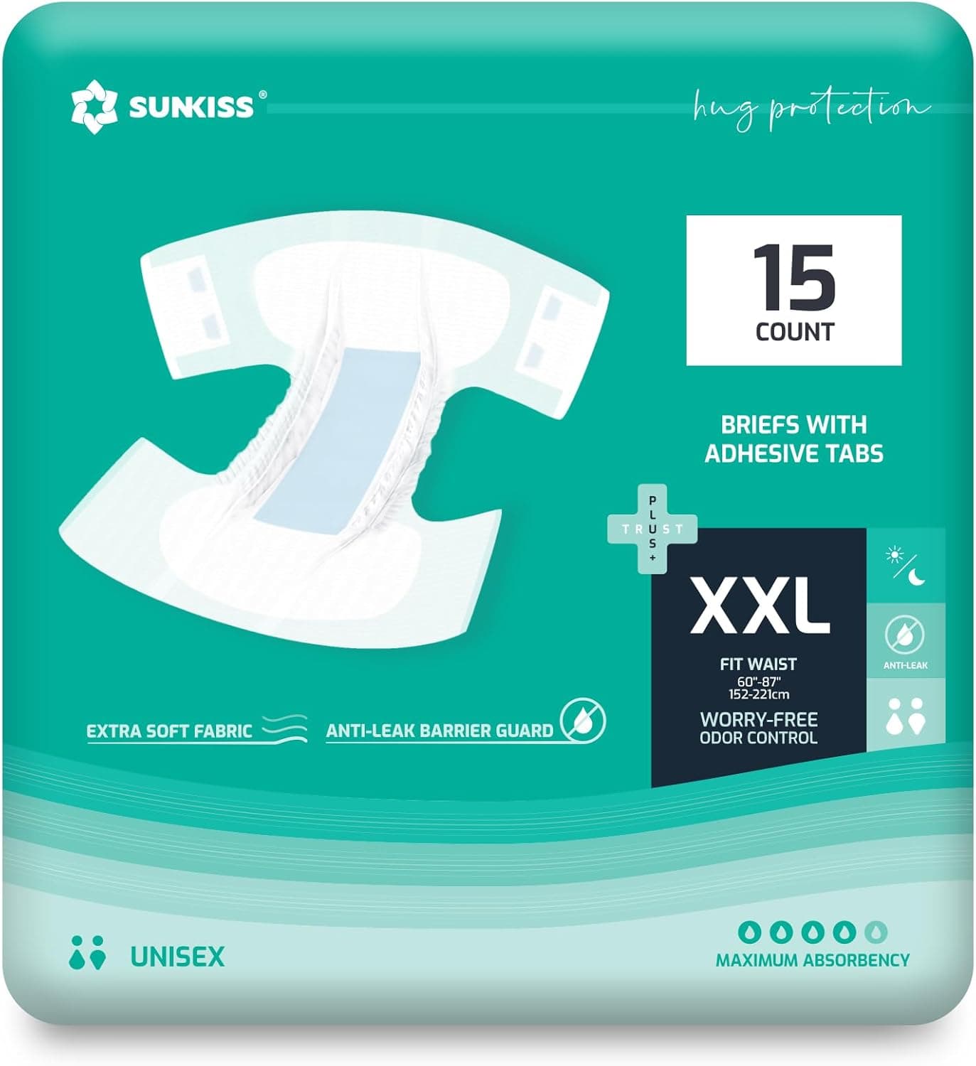 TrustPlus Adult Diapers with Maximum Absorbency Disposable Incontinence Briefs with Tabs for Men and Women Odor Control XXLarge 15 Count