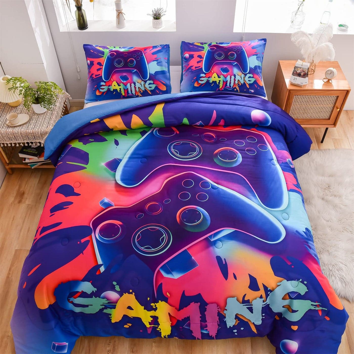 Aimuan Gaming Comforter Sets for Boys Kids Bedding Sets Video Games Console Action Buttons Novelty Colorful Game Gamepad Controller Modern Gamer Room Decor Home Quilt Set Twin Purple