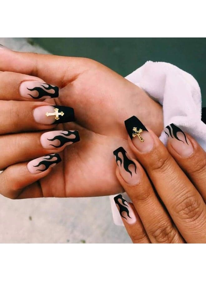 Short Press on Nails, Black Flame Square Fake Nails, Matte False Nails, Full Cover Acrylic Nails, Artificial Glue on Nails Party Costume for Women and Girls 24Pcs