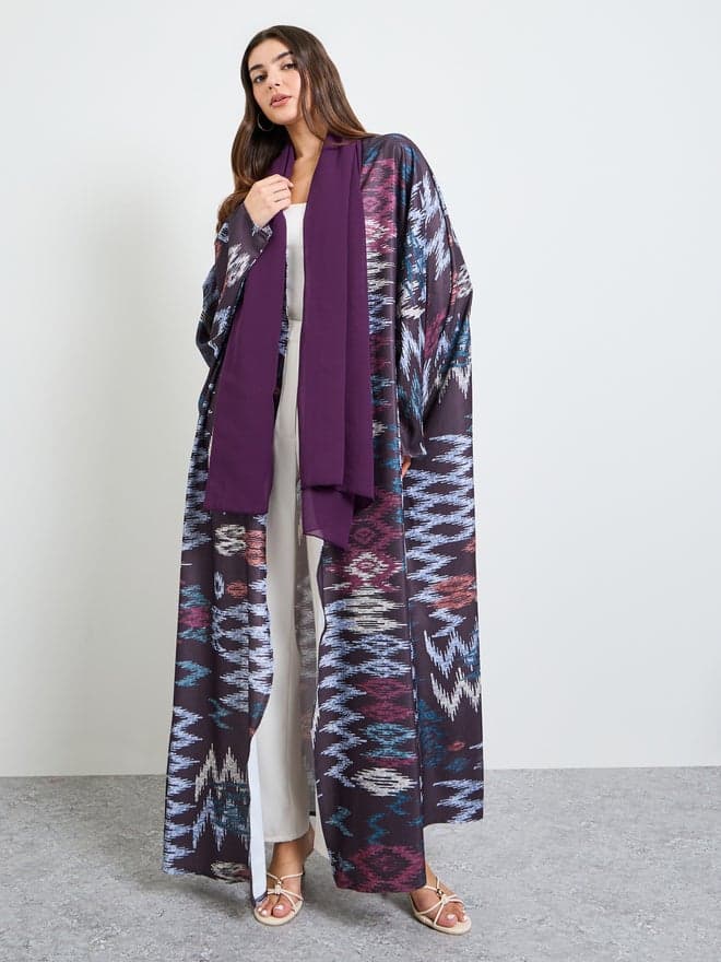 Styli Purple Front Open Geo Pattern Abaya