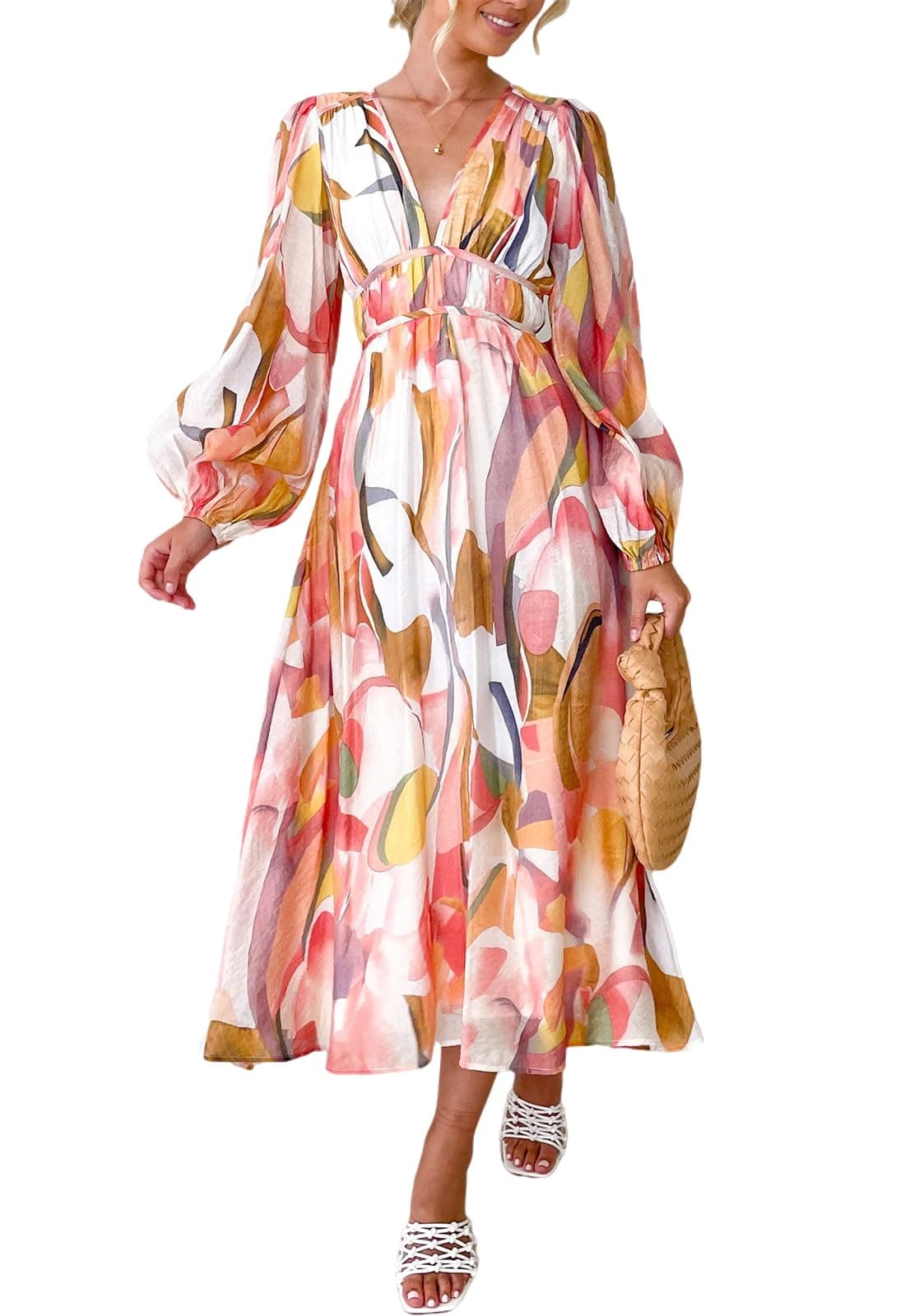 Maxigerui Women's Long Sleeve Floral Maxi Dress Summer Wedding Guest Dress Pink Watercolor S