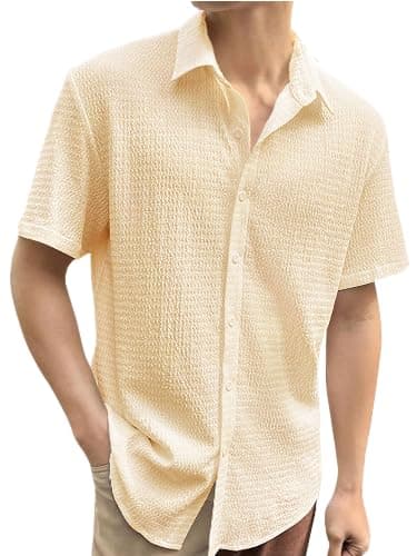 Tee Projekt Men's Popcorn Shirt Texture Pattern Men's Casual Shirt Half Sleeves Goa Beach Summer Shirt Beige