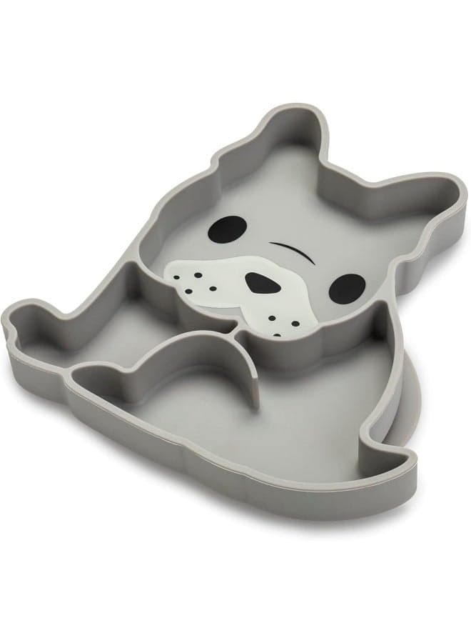 Silicone Suction Plate for Kids - Bulldog Shaped Divided Plate with Suction Base - BPA Free, Dishwasher and Microwave Safe - Grey