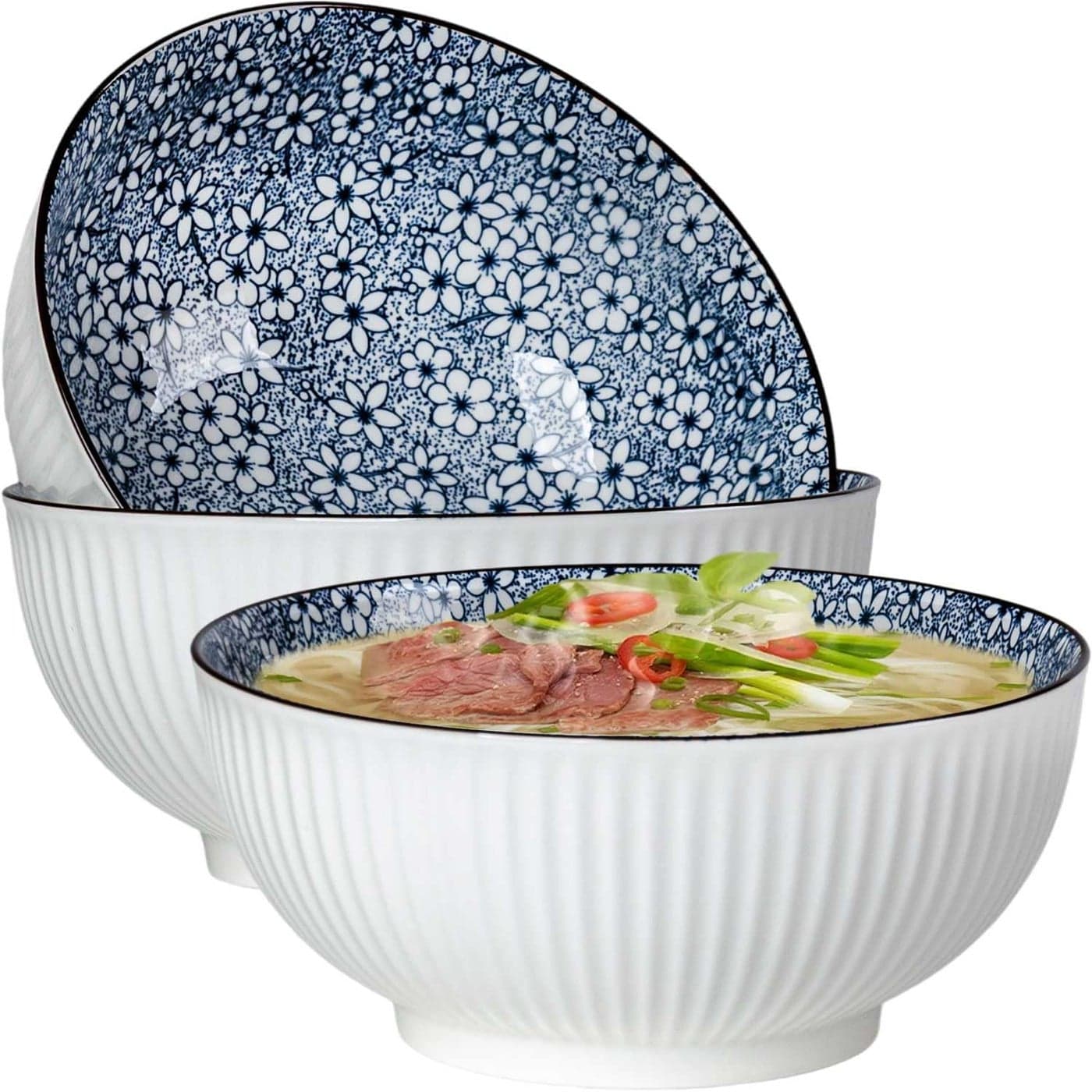 QINLANG Large Soup Bowls Pho Ramen Set of 3 60 oz Blue White Porcelain Floral Pattern
