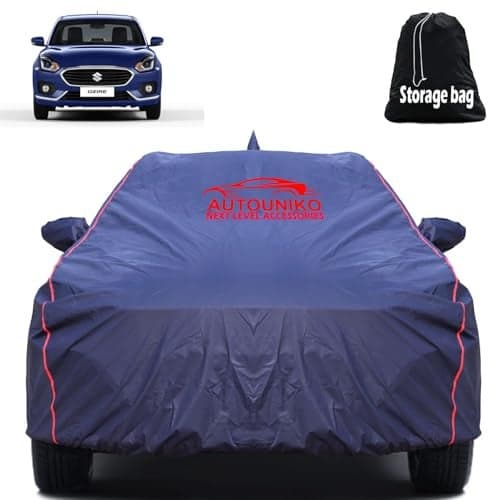 AUTOUNIKO Waterproof Car Body Cover For New Maruti Suzuki Dzire With Mirror And Antenna Pocket And Soft Cotton Lining (Full Bottom Elastic Triple Stitched) (Dark Blue With Red Piping)