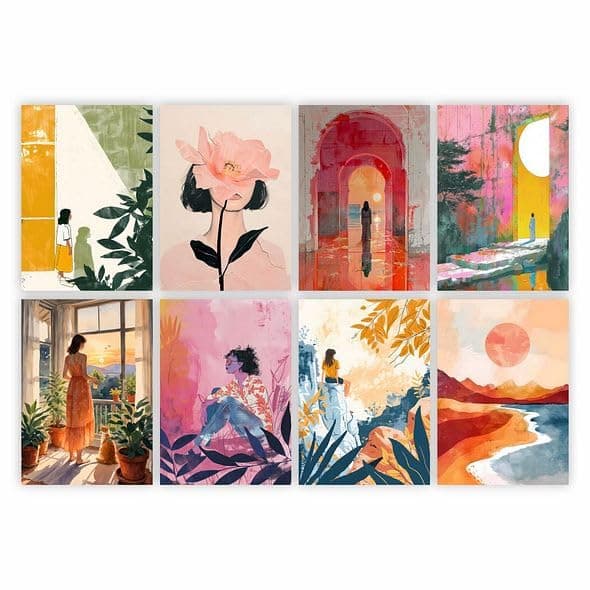 CVANU Beautiful Aesthetic Girls & Sun View Picture Printed 8pcs Wall Art Collage Kit Posters With Glue Dot Tape for Living Room| Office| Bedroom| Office| Walls Decorative Item (8.2inch X 11.6inch)_372