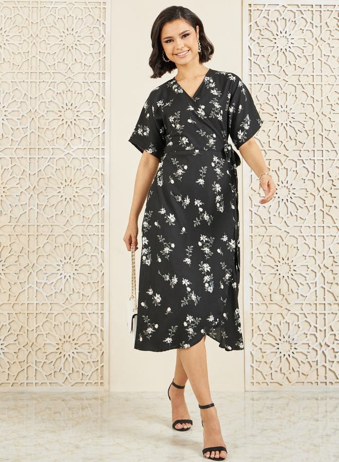 Styli Floral All Over Print Wrap Midi Dress