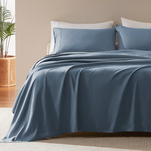 SLEEP ZONE Queen Sheet Set-4 Pieces Soft Queen Size Sheets Breathable & Cooling Bed Sheets Set, Easy Care Includes 1 Fitted Sheet, 1 Flat Sheet and 2 Pillowcases, Deep Pocket 16" (Flint Blue, Queen)