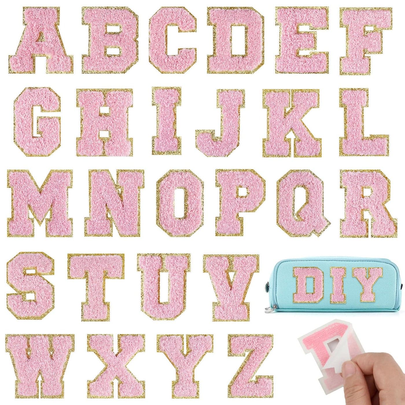 BOUBONI 26Pcs Light Pink Chenille Letters AZ Self Adhesive Chenille Letter Patches for Fabric Clothing Pink 26