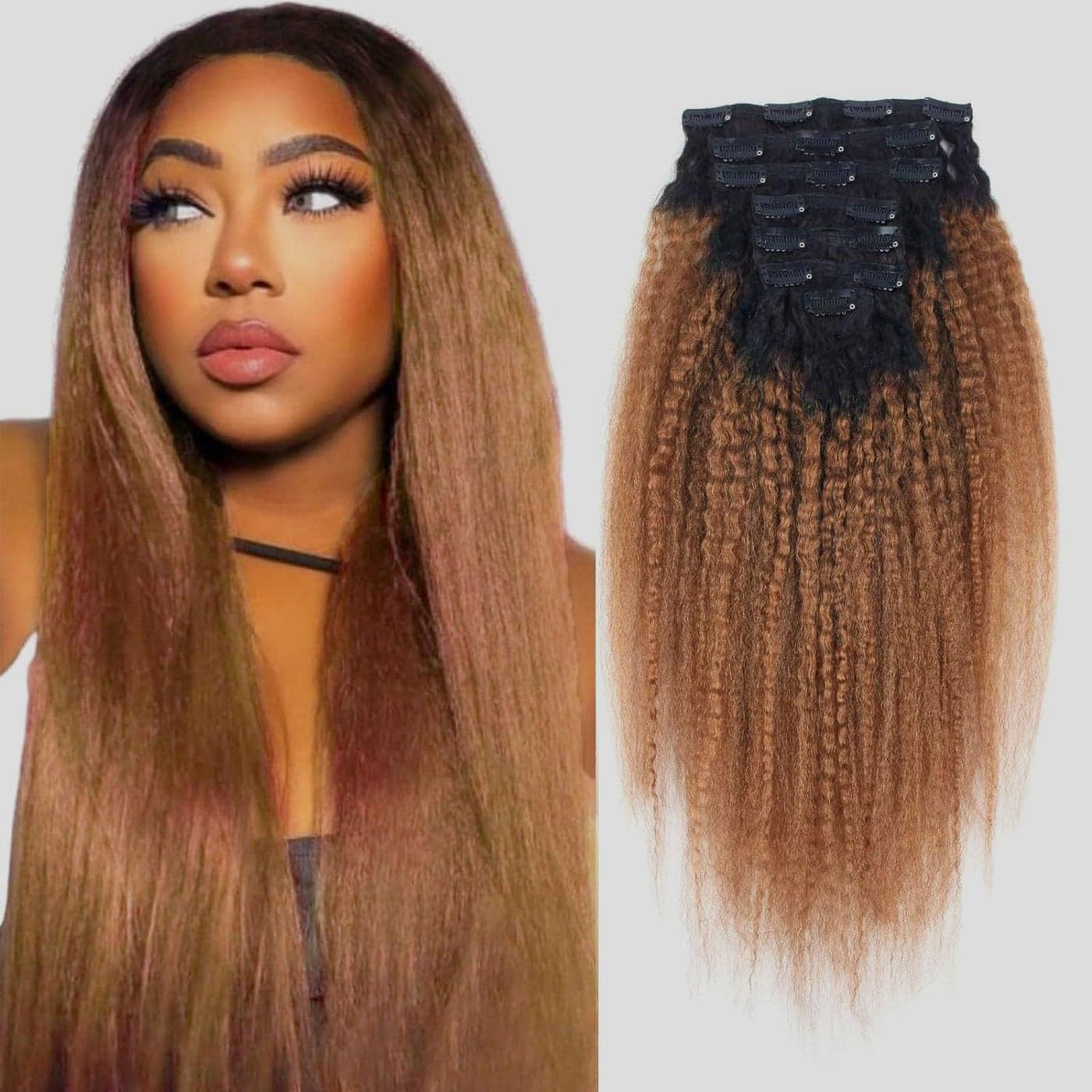 ABH AMAZINGBEAUTY HAIR Kinky Straight Ombre Clip in Hair Extensions for Black Women Remy Human Hair 120 Gram Natural Blcak Fading into Light Auburn TN30 17 Clips with 7 Pieces 14 Inch