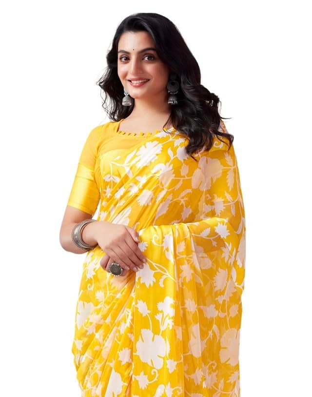 SIRIL Women's Georgette Floral Printed Satin Patta Saree With Unstitched Blouse Piece (3633S105_Yellow)