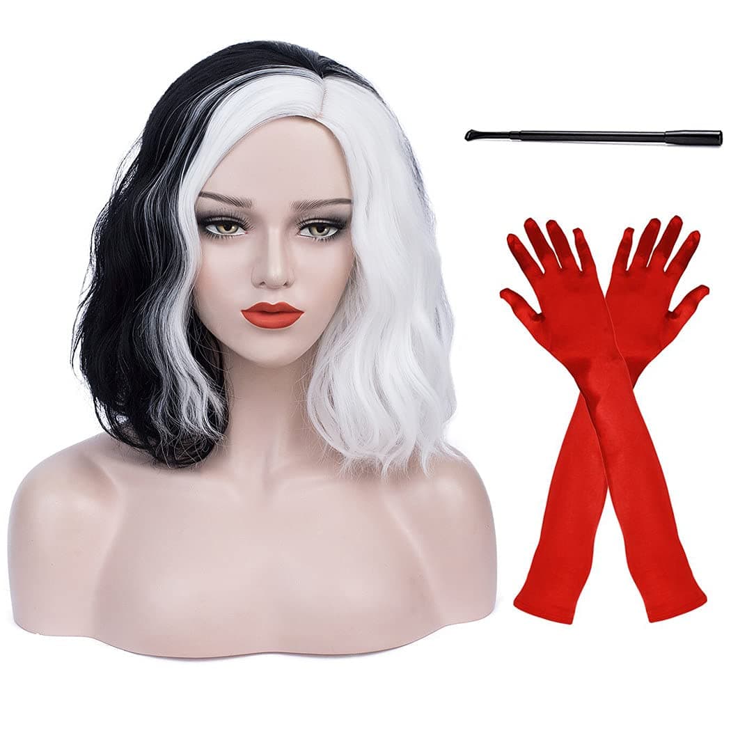 Ruina Half Black White Cruella Deville Wig for Cruella Deville Costume Women Girls Cruella Costume Curly Wavy Wigs for Party Halloween Costume R019BW