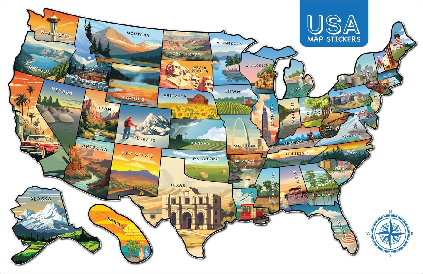 RV State Visited Travel USA Map Vinyl Sticker Camper Trailer Decals for Window with State Flag Road Trip Map of America Waterproof UV Protection for Window Door or Wall Landscape
