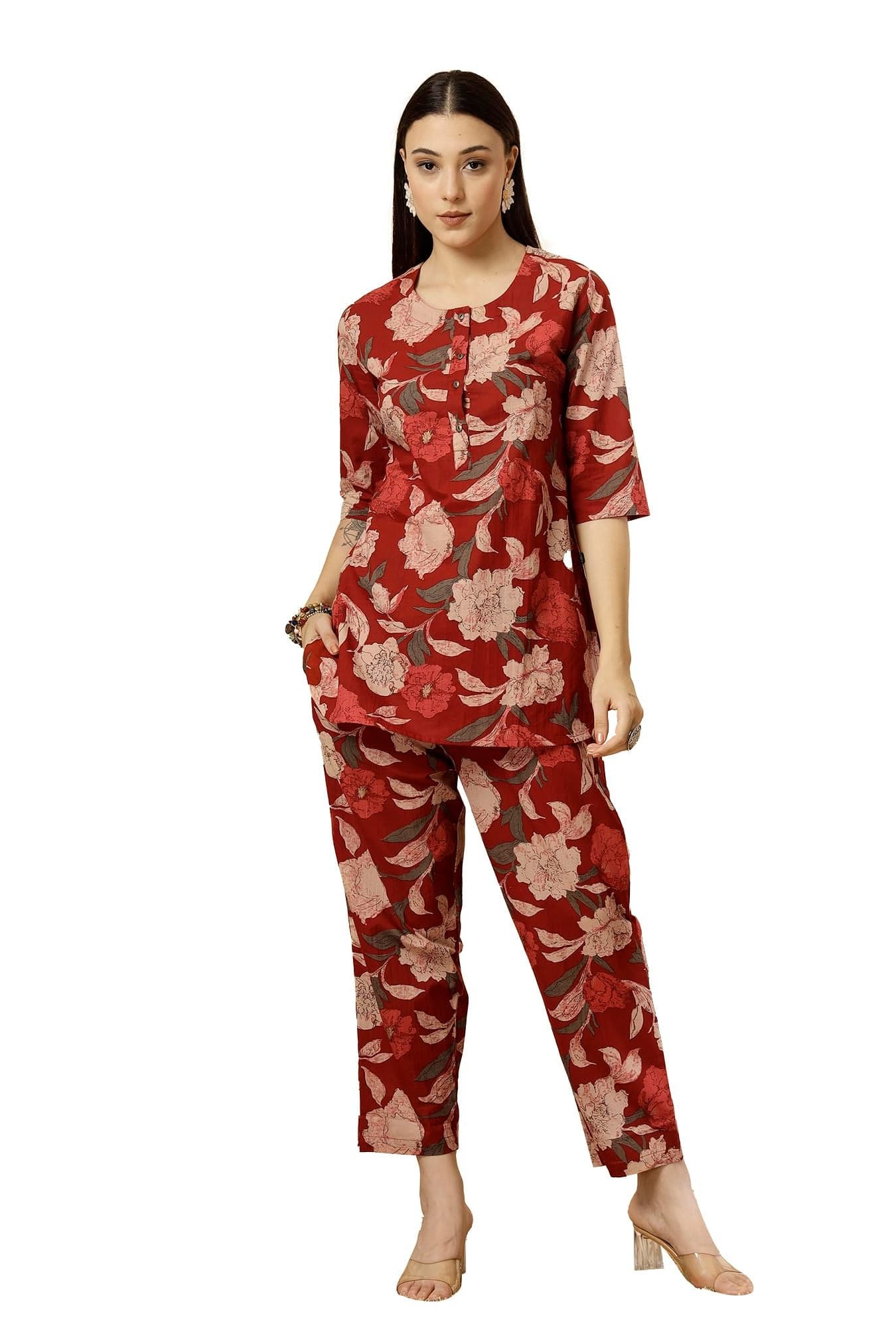 Pistaa's Women Summery Floral Cotton Co-ord Set (2XL, Maroon)