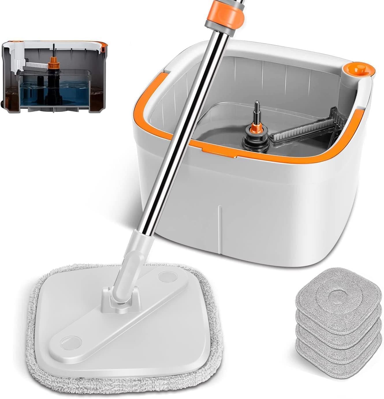 Jumix Clean Spin Mop and Bucket System Includes Spin Mop Dual Compartment Mop Bucket and 4 Thick Washable Microfiber Mop Pads for TileRoom Brush Dustpan Dustbin Kitchen Wiper