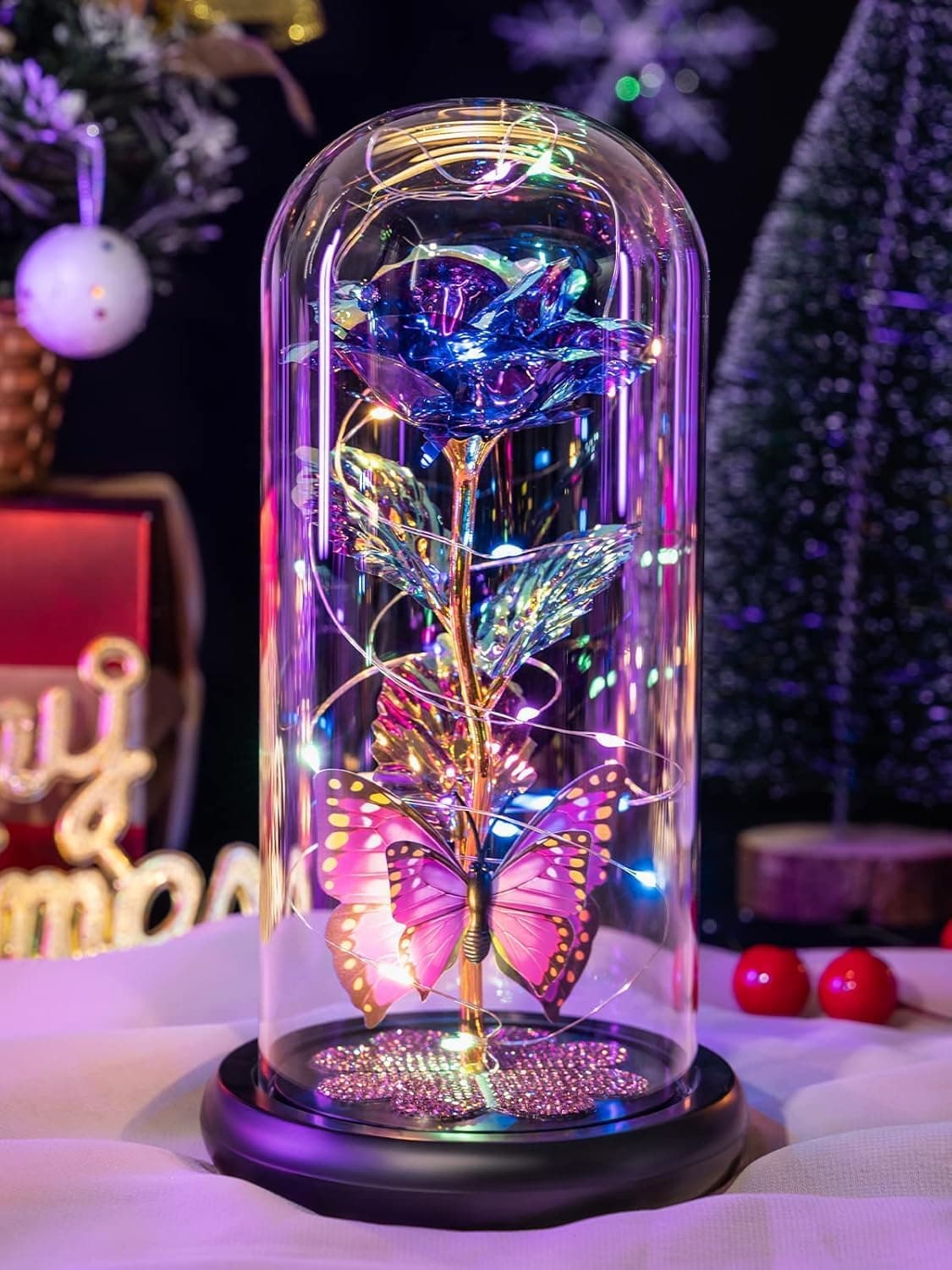 PARSPAR Christmas Rose Flower Gifts for Women Galaxy Glass Rose Forever Eternal Crystal Flower Light Up Rose in Glass Dome The Beast Rose Forever Light Roe Birthday Anniversary Keepsake