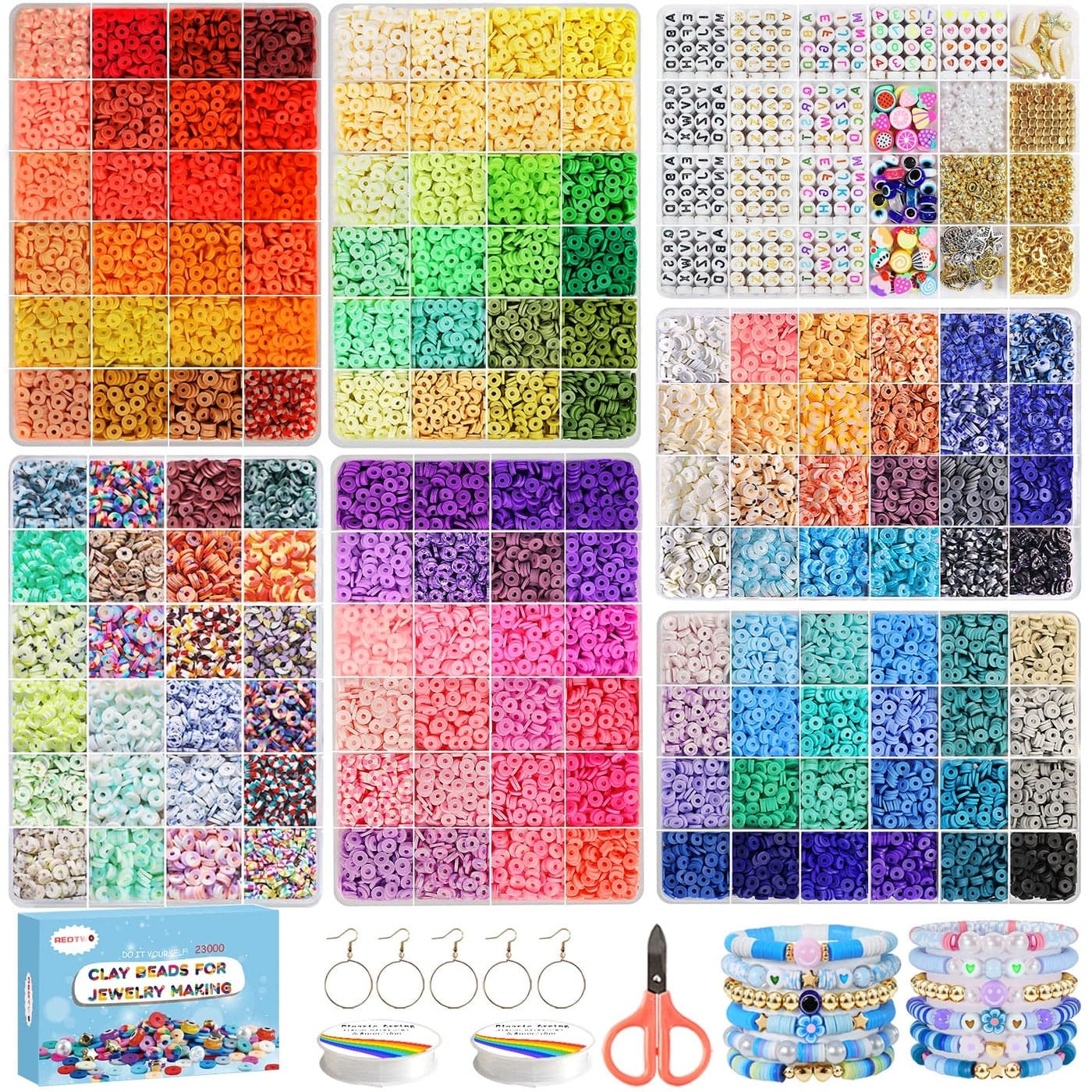Redtwo 23000 Pcs Clay Beads Bracelet Making Kit 144 Colors 7 Boxes Flat Polymer Heishi Beads Set for Friendship Jewelry Making with Pendant Charms Crafts Gifts for Girls Ages 6-12 Kids Adults