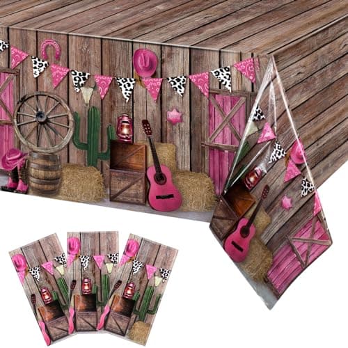 Tiamon 3 Pieces Western Party Tablecloth Cowgirl Table Cover Pink Western Cowgirl Plastic Tablecloth Disposable Wild West Table Cover for Baby Shower Birthday Party Supplies 54 X108 Inch
