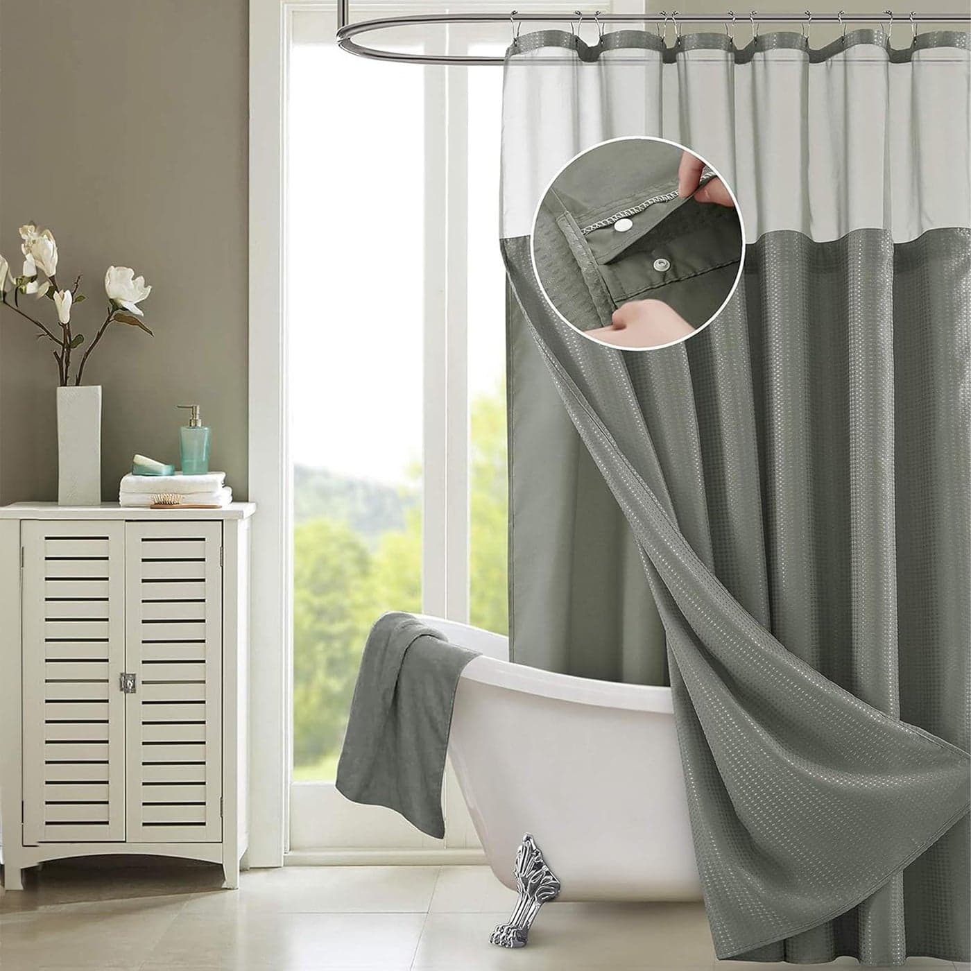 Waffle Weave Shower Curtain with Fabric Snap in Liner Set with Mesh See Through Top Hotel Quality White Bathroom Curtain Set 70 X 72 Inch Long Shower Curtain in Grey