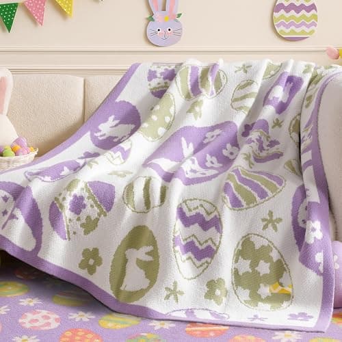 Amélie Home Easter Bunny and Eggs Chenille Knit Throw Blanket for Couch, Cozy Soft Spring Themed Blankets for Sofa, Bed, Gift, 50"x60", Purple/Green