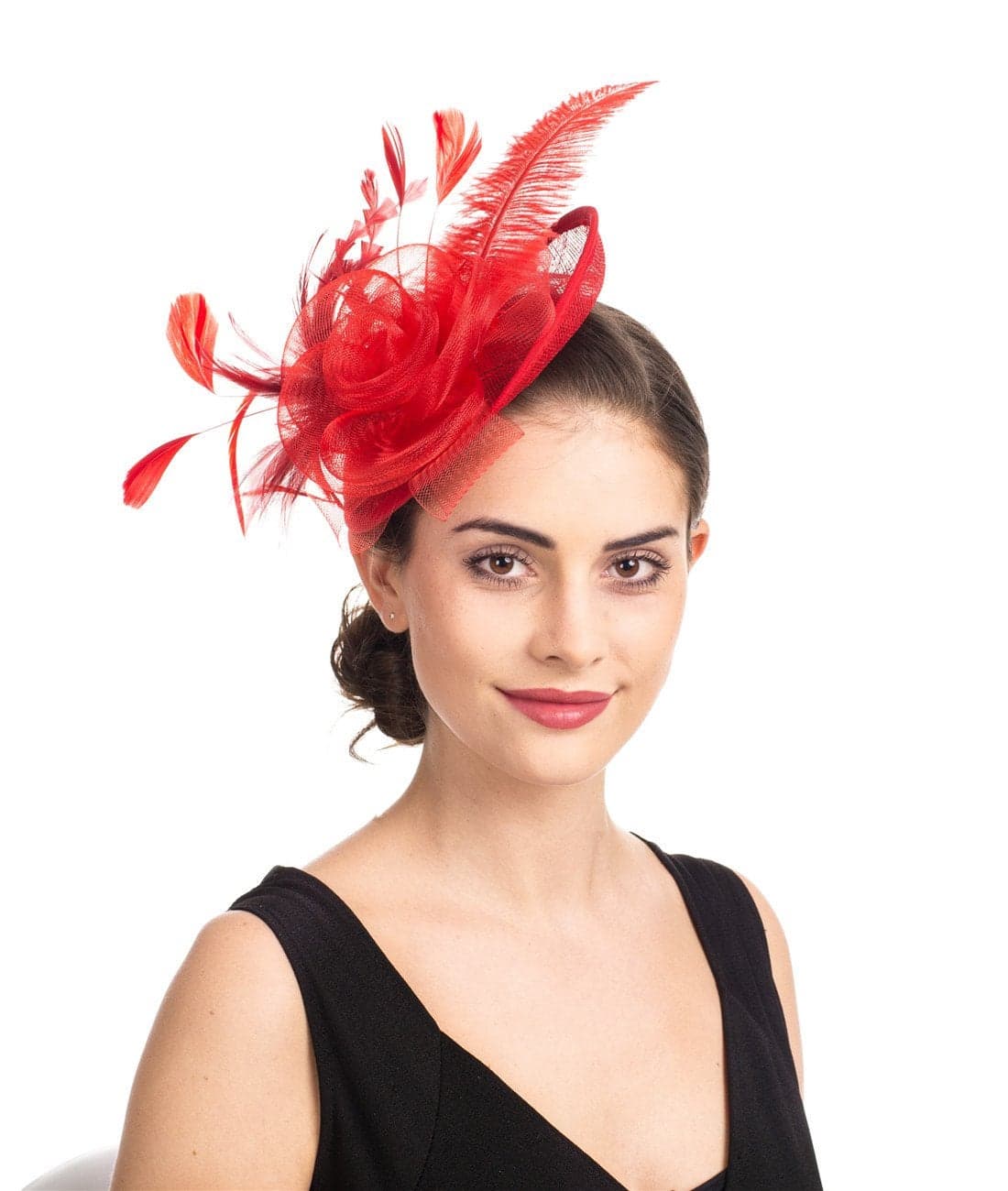 SAFERIN Fascinator for Women Hair Clip Hat Bowler Feather Flower Veil Wedding Party Hat (TA4-Red)