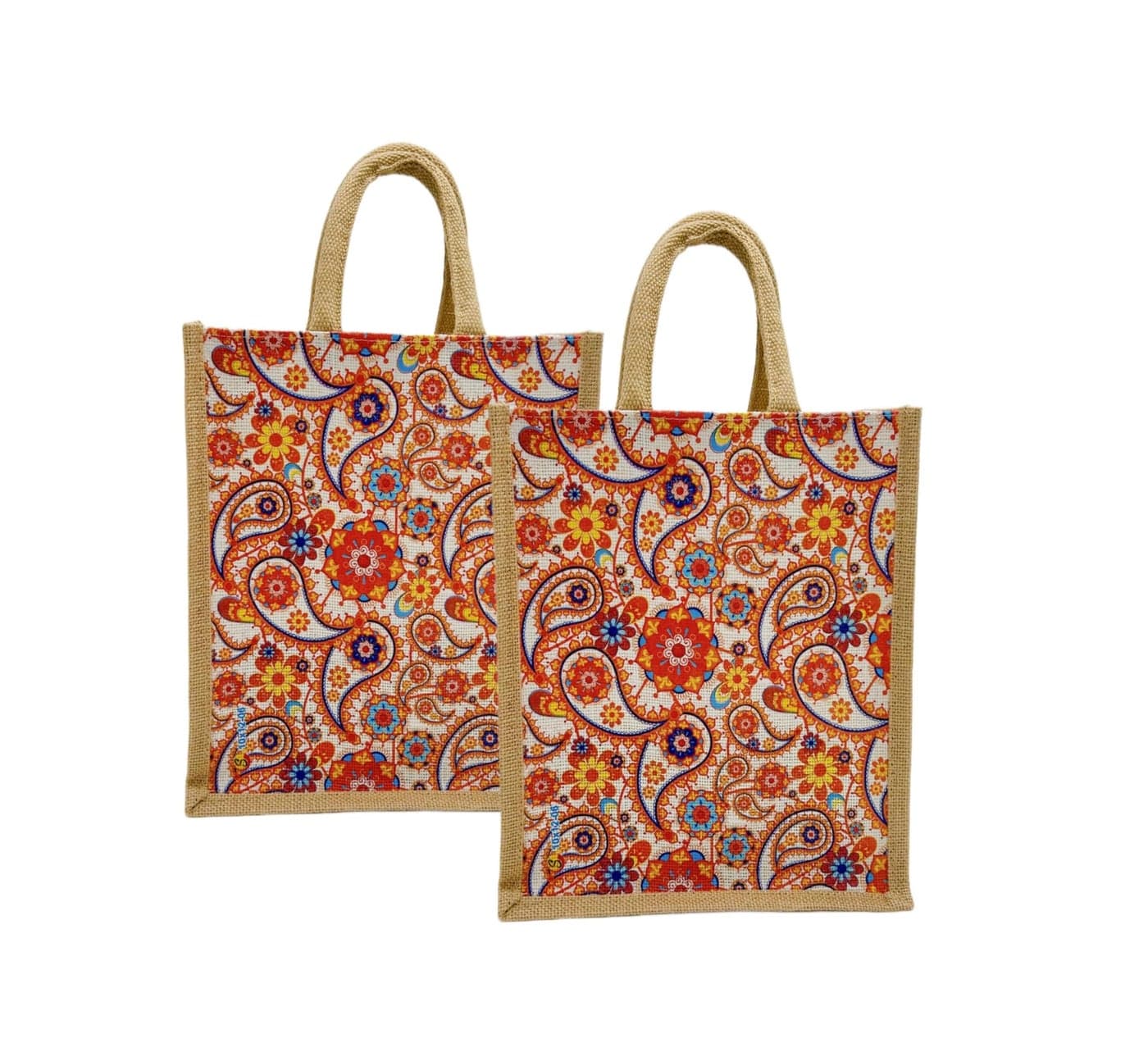 Sangra Multicolor Jute bag for Women and Men Lunch Bag with Zip and Handle (Small) (Pack of Two) (Paisley)