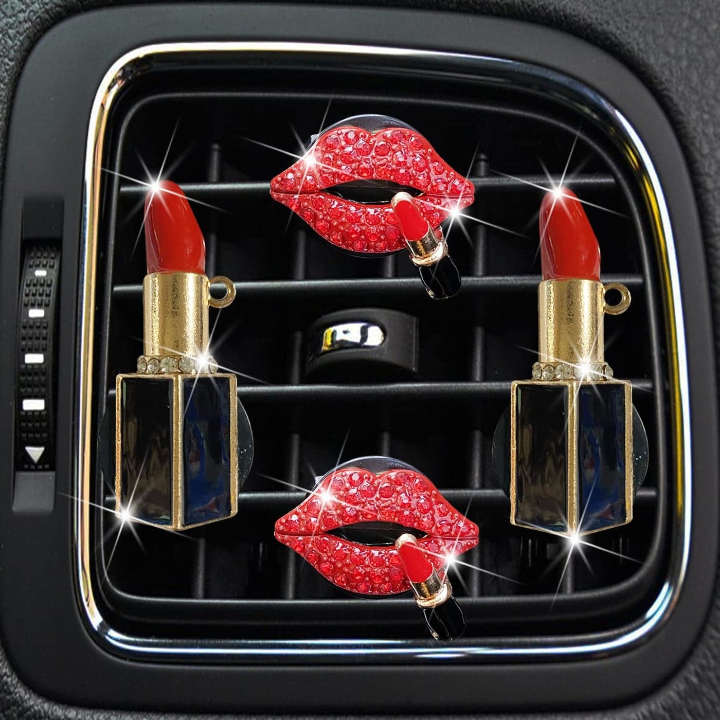 NTRR 4 Pcs Lip Air Vent Clips Bling Car Fresheners Vents Clips for Women Diamond Diffuser Red Accessories Charm Rhinestone Interior Decor Decoration