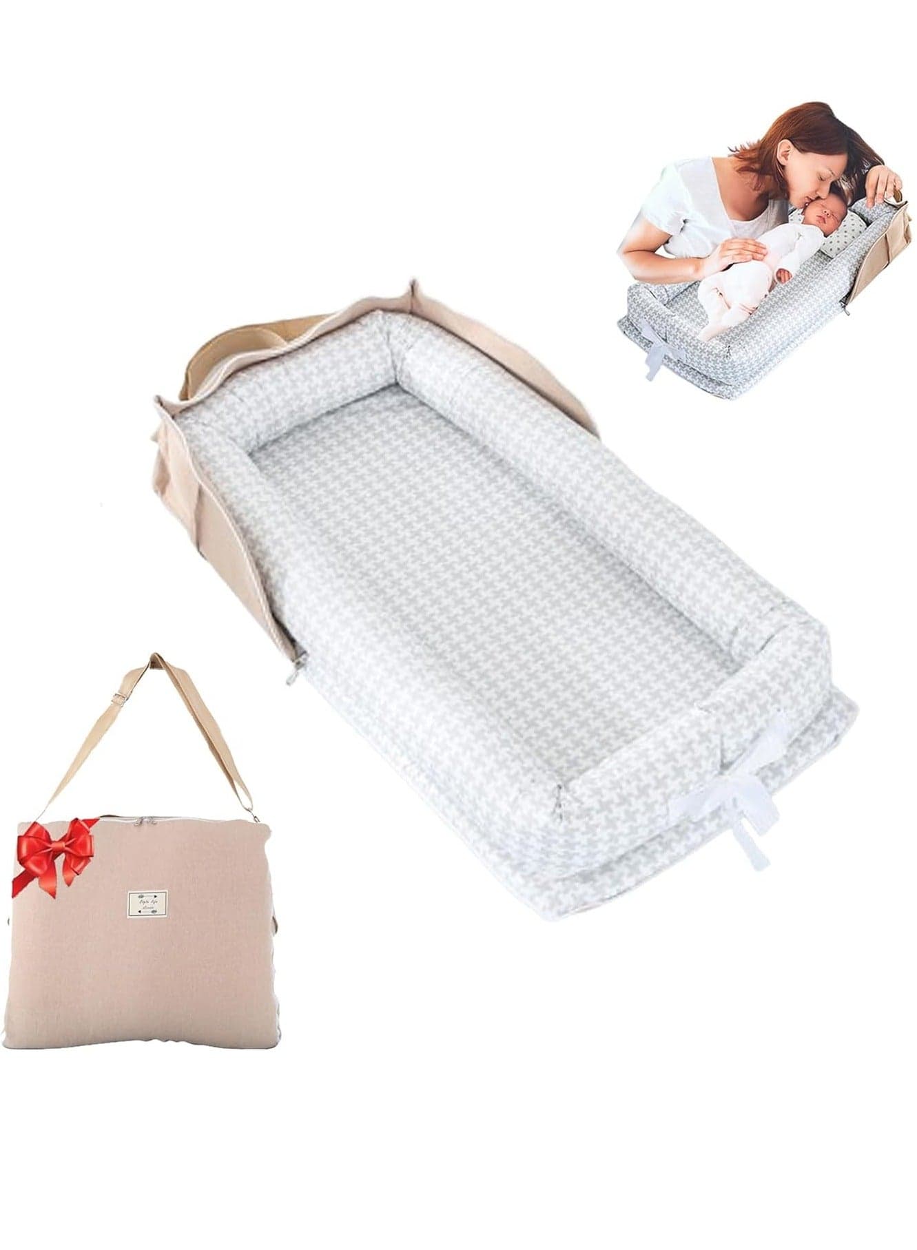 Portable Breathable Baby Lounger Baby Lounger for Newborn 0-24 Months, Baby Nest Cover Breathable and Soft Cotton, Infant Lounger with U-Shaped Safety Bumper Sleeping Ideal for Cozy Comfort Home Travel and Baby Essential Gifts (Gray Thousand Bird Check)