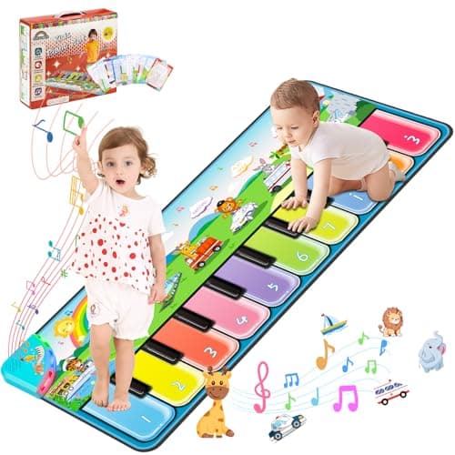 FUCEORUY Piano Mat Musical Toys for Toddlers 13 Sensory Learning Toy Floor Piano Playmat Toys for 1 2 Year Old Boy Girl Gifts with 7 Animal 7 Vehicle 10 Songs Sound Kids Edition
