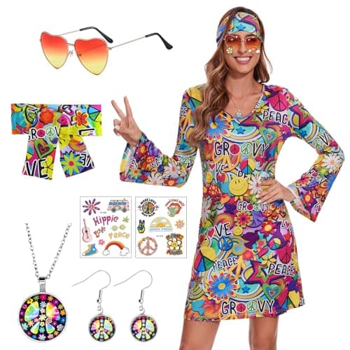 ATAMET 70's Women Costumes Hippie Dress, 1970s Outfits Accessories Set, 60s 70s Disco Prom Dress, Carnival Halloween Costumes (Bright Colors Peace Love, Small)