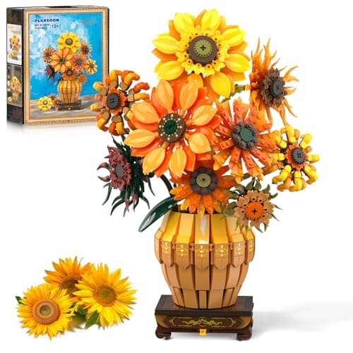 PLAXSOON Sunflower Building Set with Lights Vase Base Flowers Botanical Collection Building Block Valentines Day 1180PCS Art Bouquet Bonsai Plant Building Kit Gift for Adults Teens Girls Boys 12