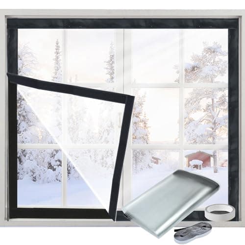 Window Insulation Kit for Winter Adjustable Plastic Insulated Window Cover Sealer Reusable Thermal Thicken Clear Insulation Wrap Transparent Film with Hook and Loop Tape for Winterizing 63'' x 63''