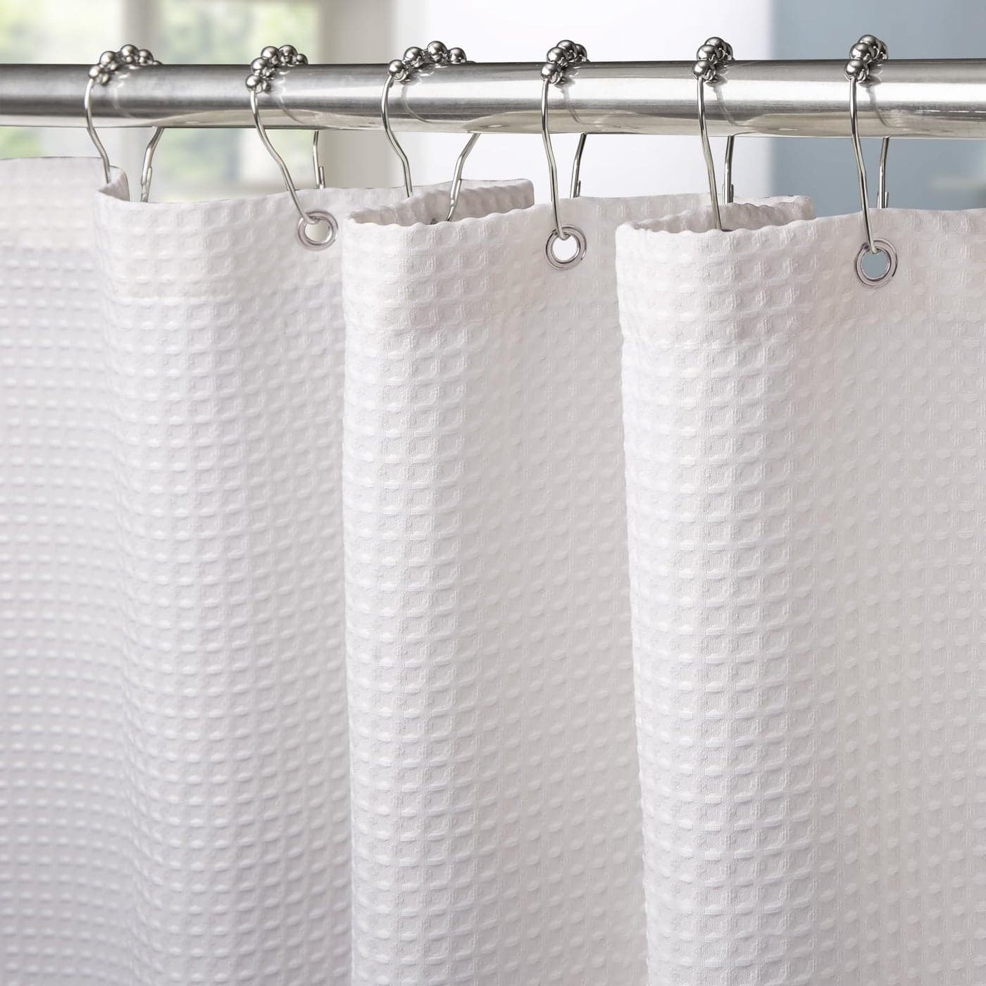 VANZAVANZU Shower Curtain for Bathroom with Metal Hooks Waffle Fabric Shower Curtain Heavy Duty Bath Curtain for Wet Room Bathtub Shower Stall Weighted Hem Water Resistant 92 x 182cm White