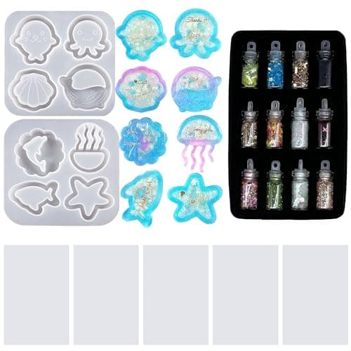 Attuslla Resin Casting Shaker Molds Set Shell Quicksand Silicone Molds with PVC Sheets Resin Shaker Molds for Pendant Jewelry Keychain Decoration Craft Making DIY