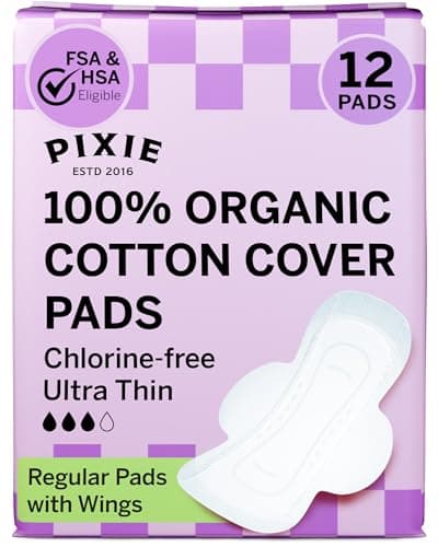 Pixie Organic Cotton Ultra Thin Pads with Wings for Women LeakProof MoistureWicking for Feminine Care Compostable Unscented Menstrual Pads Regular Absorbency FSA Eligible 12 Count